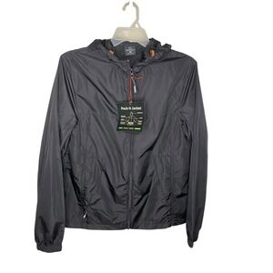SCOTTeVEST Pack-It Jacket Mens M Black 8 Pocket Travel Windbreaker Hooded NEW